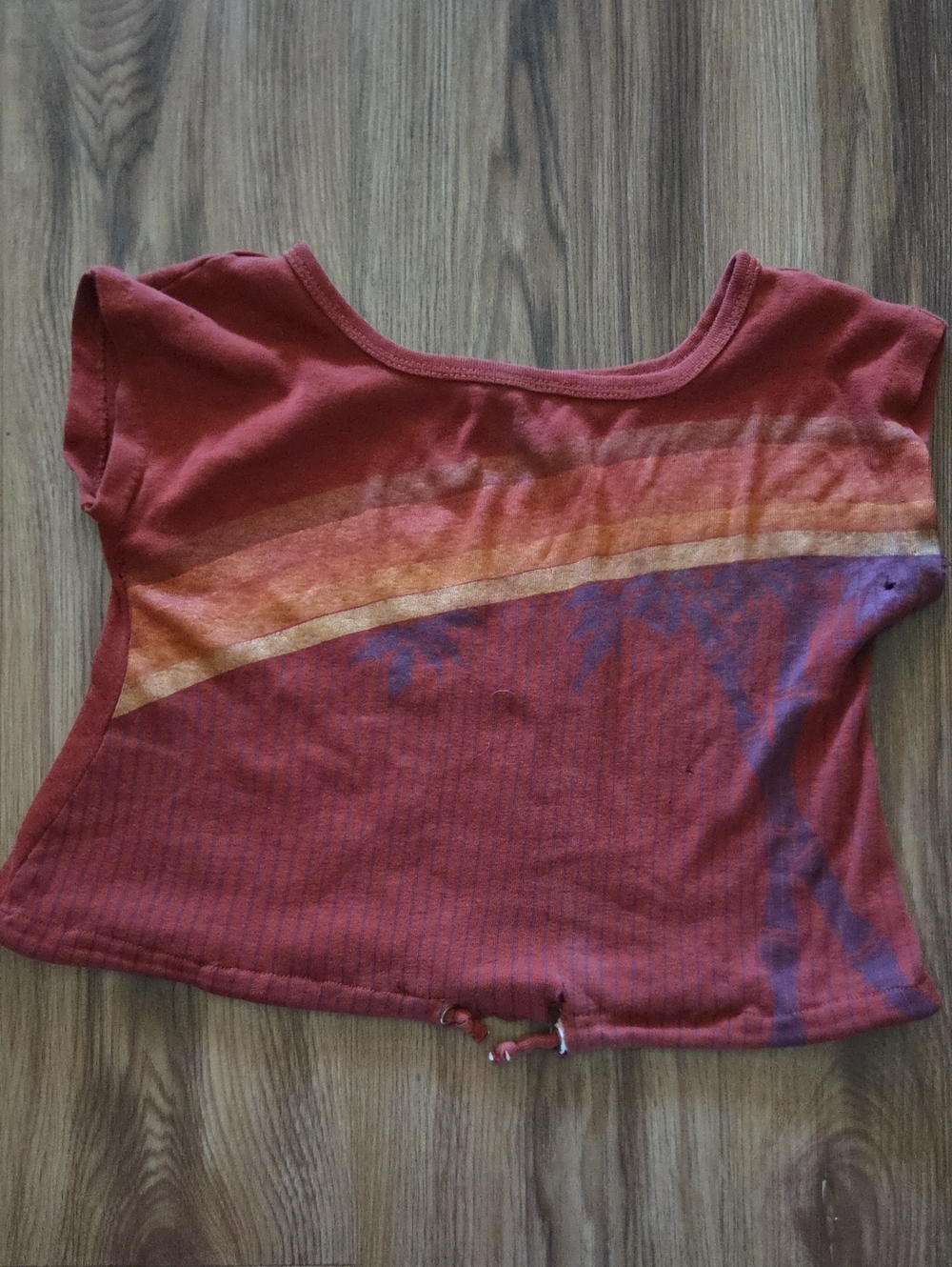Vintage Rare Colours Brand Distressed Women’s Red Crop Tee with Sunset Stripe